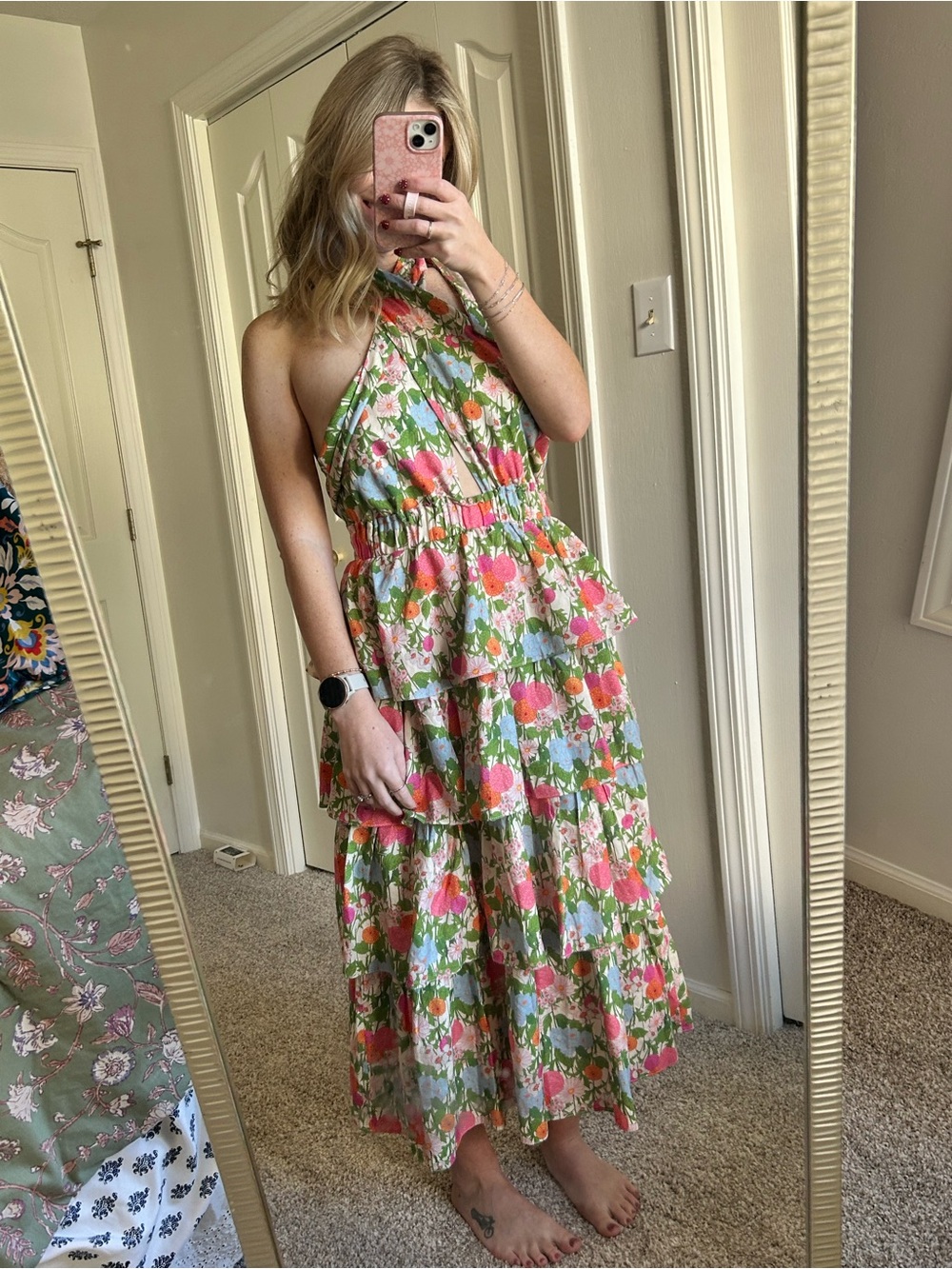 Tuckernuck Floral Halter Tiered Maxi Dress in Pink, Green & White